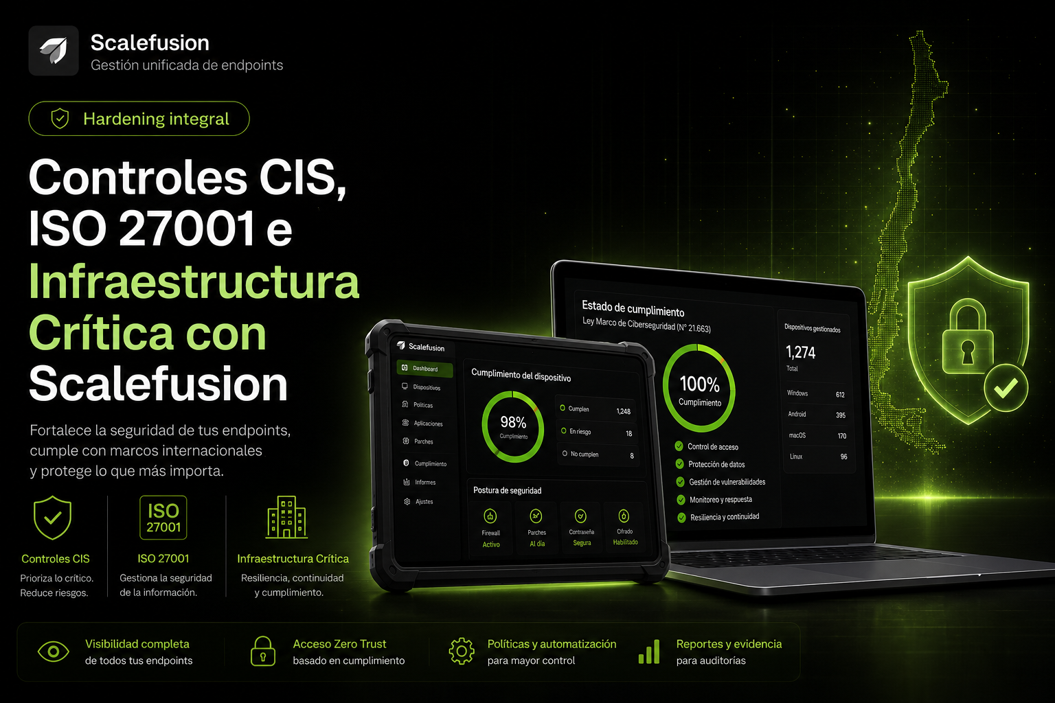 Conoce cómo Scalefusion ayuda a fortalecer controles CIS, ISO 27001 e infraestructura crítica en Chile.