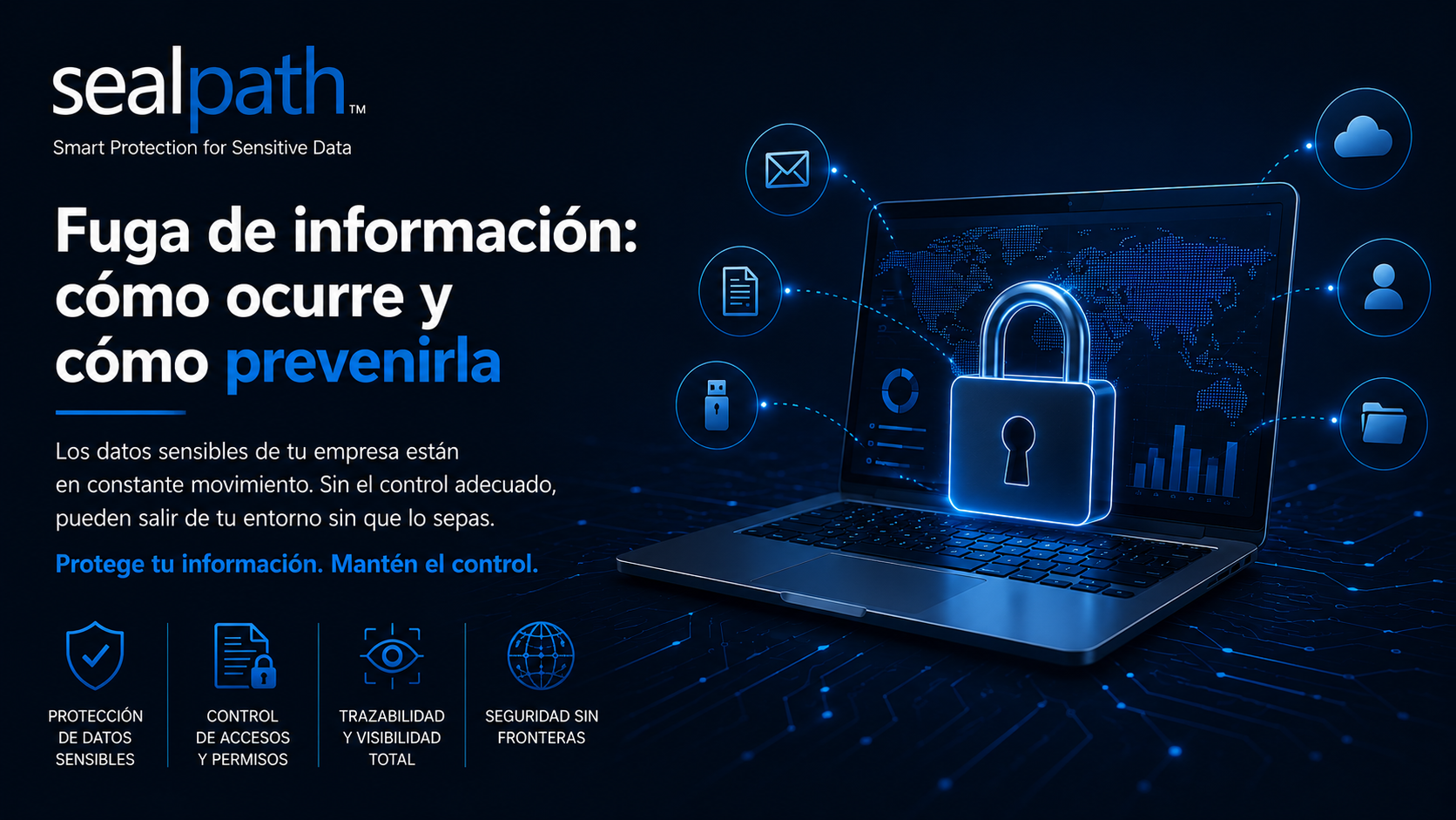 Ilustración de ciberseguridad que representa la fuga de información en entornos empresariales, con archivos digitales, conexiones externas y símbolos de riesgo que reflejan la exposición y pérdida de datos sensibles.