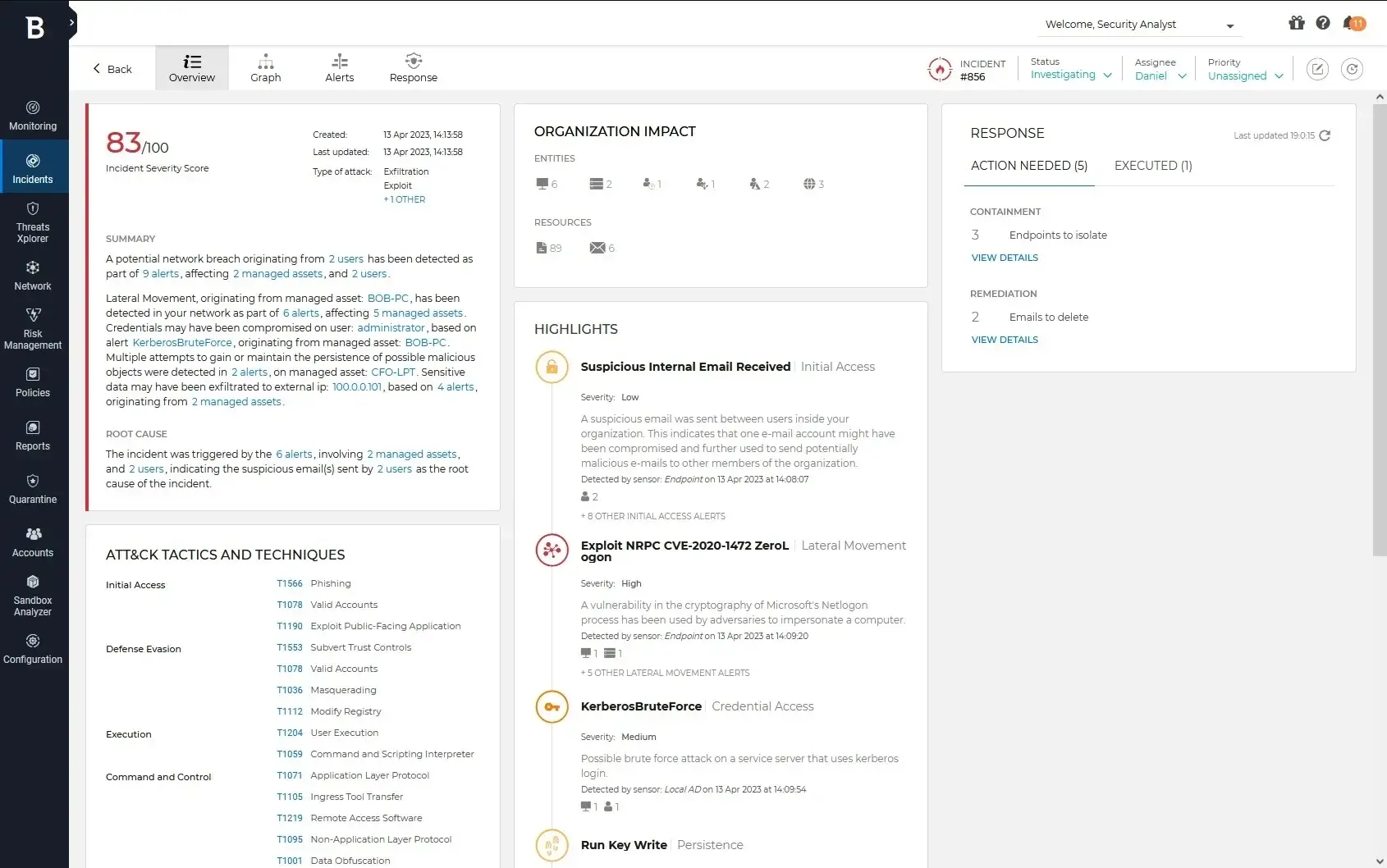 Incident Overview - Security severity score, organization impact, ATT&CK tactics and response actions